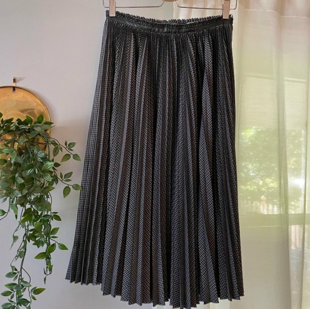 Tracy Reese A-line Plaid Pleated Skirt with Leather Trim